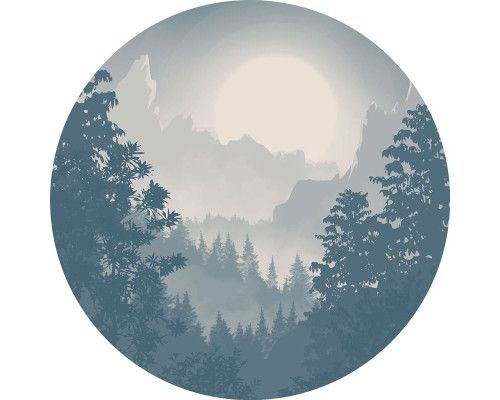 Blaues Tal mit Bergen und Landschaften auf einem Wandkreis.