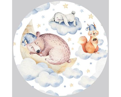 Dieren zoals een beer, haas en eekhoorn in dromenland op een schattige behangcirkel voor de babykamer.