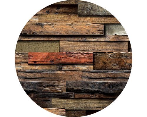 Houten planken met 3D-effect, afgebeeld op een industriële behangcirkel.