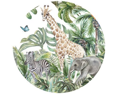 Dschungelabenteuer mit verschiedenen Tieren auf einem spielerischen Wandkreis.