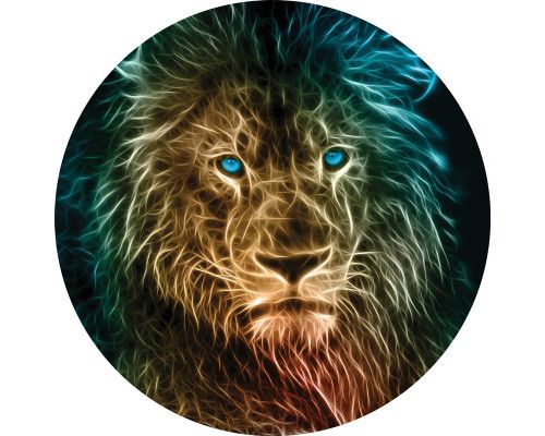 Een leeuw met felle blauwe ogen, afgebeeld op een behangcirkel, perfect voor een stoere kamer.