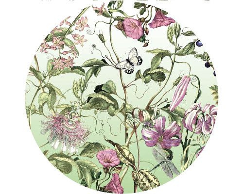 Blumen und Schmetterlinge in einem farbenfrohen Rahmen auf einem Wandkreis.