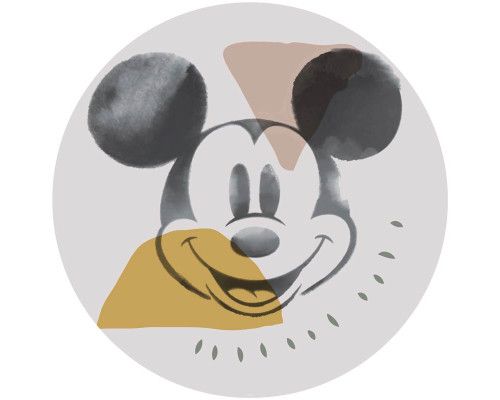Tapetenkreis von Mickey Mouse in seiner klassischen Pose, mit ikonischen Elementen und fröhlichen Farben.