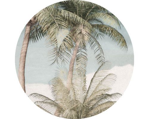 Pastellfarbene Palmen auf einem natürlichen Wandkreis.