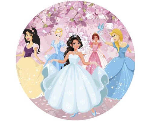 Prinsessen in een sprookjeskasteel afgebeeld op een sierlijke behangcirkel voor de kinderkamer.