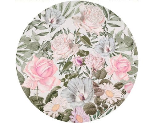 Romantische Blumen in sanften Tönen auf einem Wandkreis.