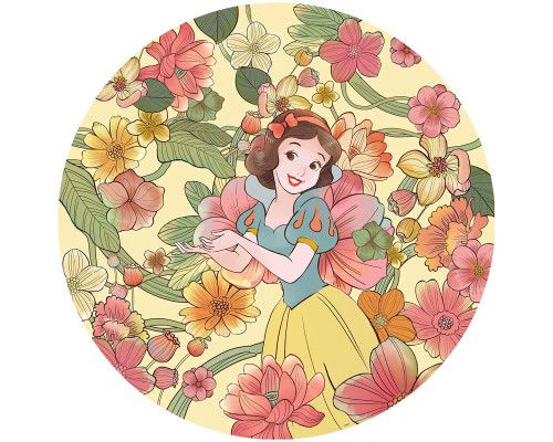 Tapetenkreis von Schneewittchen auf einer Sommerblumenwiese, mit endlosen bunten Blumen und einer sonnigen Atmosphäre.