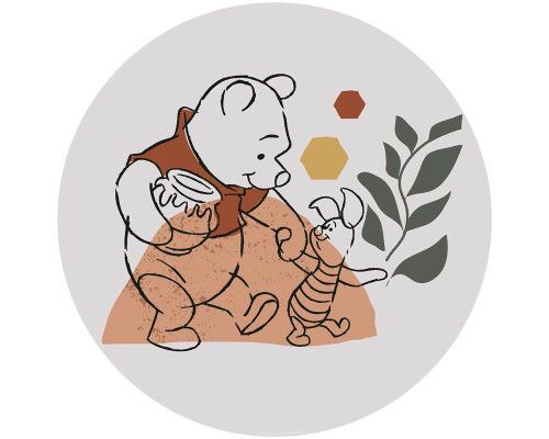 Tapetenkreis von Winnie the Pooh und Ferkel, die Hand in Hand durch ein sonniges, von Blumen umgebenes Feld gehen.