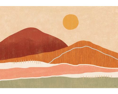 Fototapete mit einer Boho-Landschaft mit sanften Hügeln in erdigen Tönen und weichen Linien.