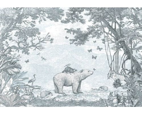 Waldtier-Tapete in Grün mit einem Bären und anderen Waldtieren, umgeben von einem Wald.