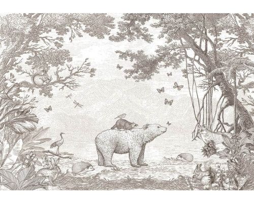 Waldtier-Tapete in Taupe mit einem Bären und anderen Waldtieren in einer waldähnlichen Umgebung