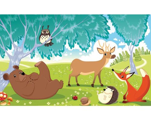 Waldtiere auf Fototapete, perfekt für ein Babyzimmer.