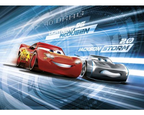Disney Cars 3 Fototapete mit einer Simulationsszene, ideal für ein verspieltes Kinderzimmer.