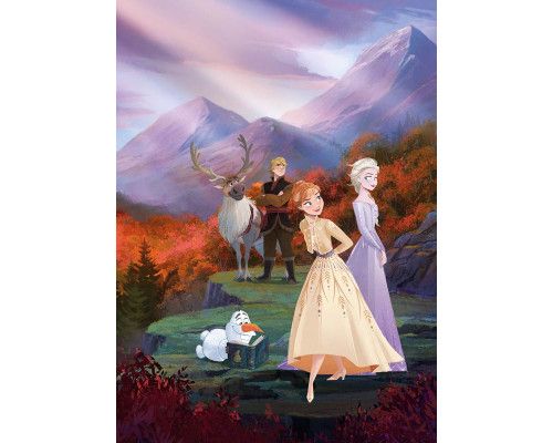 Gefrorene Fototapete mit einem Frühlingsthema, Blumen blühen um Elsa und Anna, entworfen für ein Mädchenzimmer.