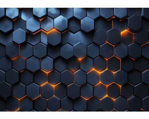Fotobehang met een modern 3D-patroon van zwarte hexagons en gloeiende oranje lichtaccenten tussen de zeshoeken.