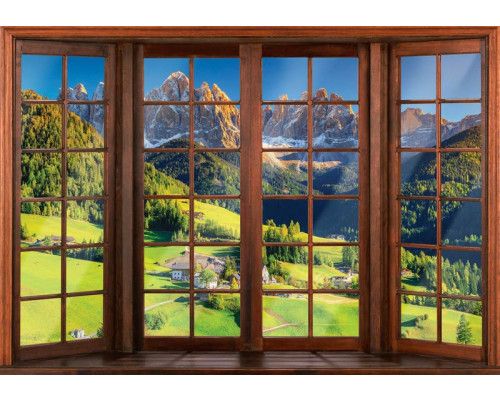Fototapete mit einer 3D-Fensteransicht der Alpen, mit weitem Blick auf Berge und Landschaft.