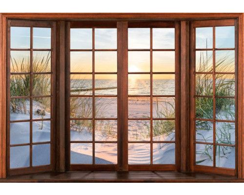 Fototapete mit einer 3D-Fensteransicht von Dünen, Strand und Meer, mit einer schönen Küstenlandschaft.