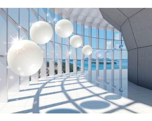 Fototapete eines 3D-Tunnels mit Meerblick, glitzernden Kugeln und abstrakten Formen.