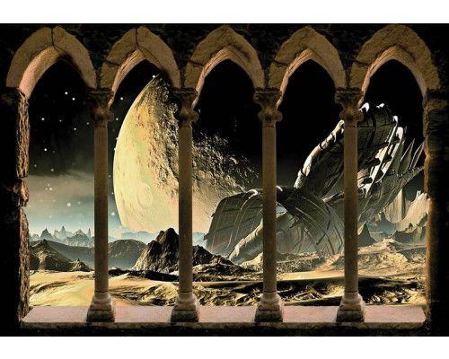 Fototapete einer 3D-Ansicht im Weltraum mit Säulen und Pfeilern, in einem futuristischen Stil.