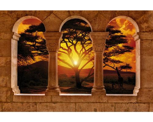 Fototapete einer 3D-Ansicht einer afrikanischen Landschaft mit Säulen, in einer exotischen Atmosphäre.