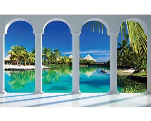 Fototapete mit einer 3D-Ansicht der Malediven mit Säulen, perfekt für ein ruhiges Stranderlebnis.