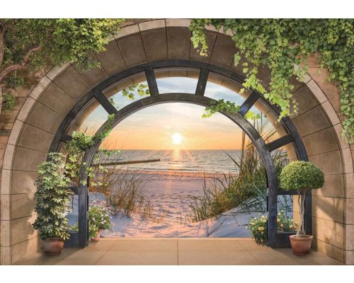 Fototapete mit einer 3D-Ansicht von Dünen, Strand und Meer bei Sonnenuntergang.