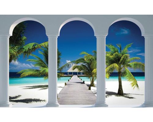 Fototapete mit einer 3D-Ansicht von Hawaii mit Säulen, Palmen und Strand.