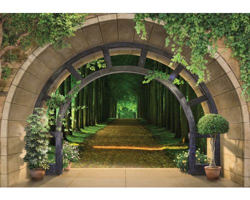 Fototapete mit einer 3D-Ansicht eines Weges durch den Wald, mit Bäumen in einer beruhigenden Umgebung.