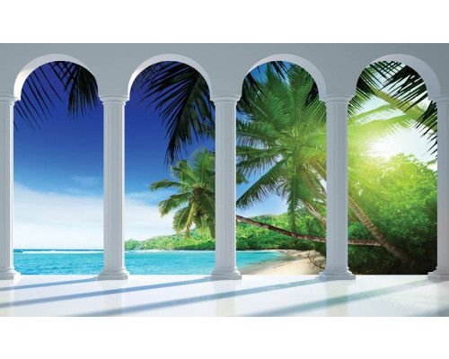 Fototapete mit einer 3D-Ansicht von Palmen und Strand mit Säulen, für eine tropische Atmosphäre.