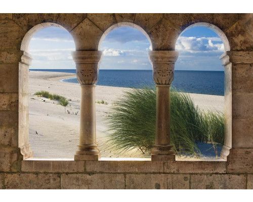 Fototapete mit einer 3D-Ansicht eines Strandes, Dünen und dem Meer, mit einer entspannenden Atmosphäre.
