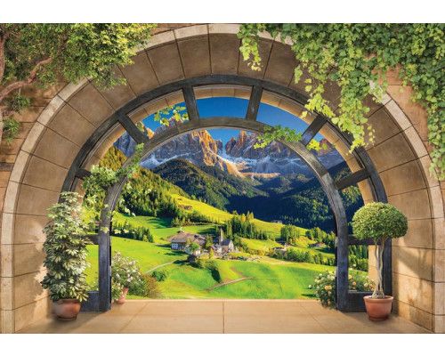 Fototapete mit einer 3D-Ansicht der Tiroler Berge und einer malerischen Landschaft.