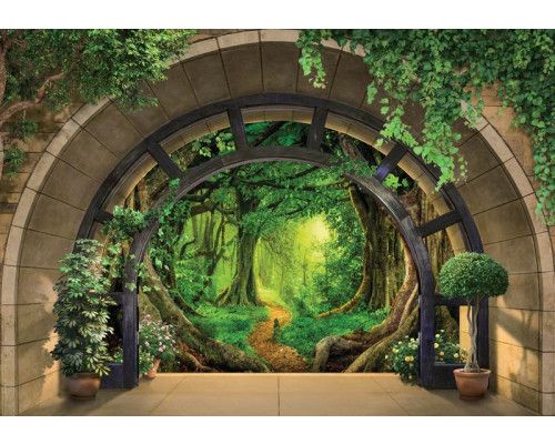 Fototapete mit einer 3D-Ansicht eines tropischen Regenwaldes, mit einer lebendigen Dschungelatmosphäre.