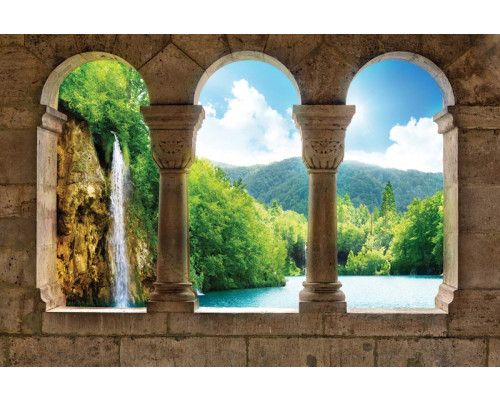 Fototapete einer 3D-Ansicht eines Wasserfalls, mit einer ruhigen Landschaftsansicht.