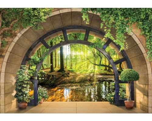 Fototapete mit einer 3D-Ansicht eines sonnigen Waldes, mit einem warmen Look.