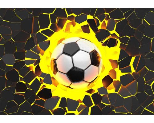 Fototapete mit einem abenteuerlichen 3D-Effekt, bei dem ein Fußball im Mittelpunkt einer spannenden Spielsituation steht.