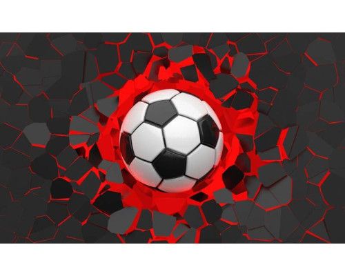 3D-Fototapete mit einer dynamischen Darstellung eines Fußballs, der mit hoher Geschwindigkeit durch die Luft fliegt, hervorgehoben durch grafische Elemente.