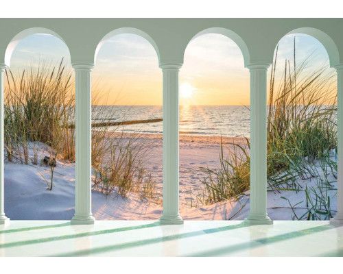 Fototapete mit einer 3D-Ansicht von Dünen, Strand und Meer bei Sonnenuntergang.