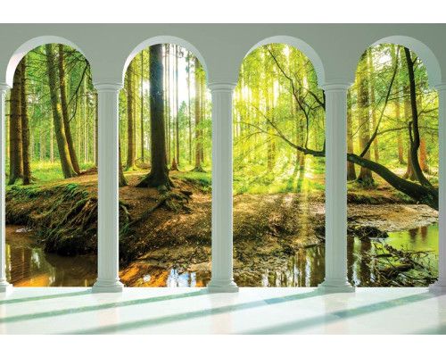 Fototapete einer 3D-Ansicht eines sonnigen Waldes, mit großen Säulen und Natur.