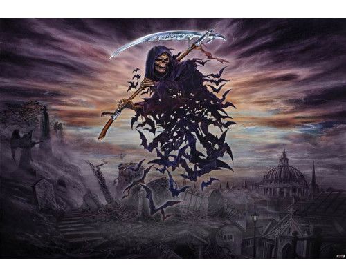 Fototapete eines Skeletts mit Alchemie und der Aufschrift "A Tithe to Hell".