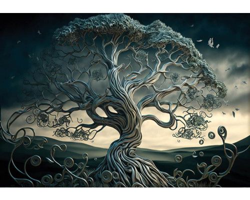 Abstrakte Baumkunst auf einem metallischen Hintergrund auf dieser Fototapete, mit einem künstlerischen und modernen Look.