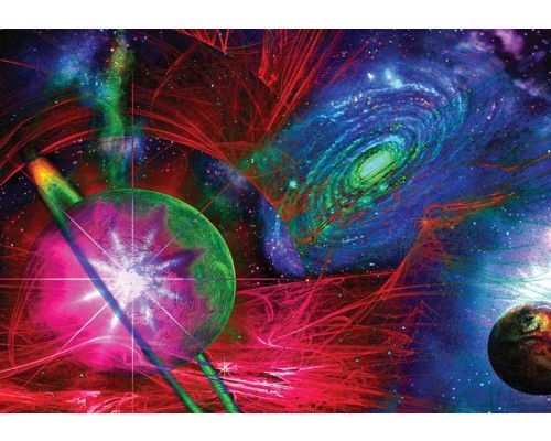 Farbenfrohe abstrakte Darstellung des Universums mit Planeten und Sternen auf dieser Fototapete, voller leuchtender Farbtöne.