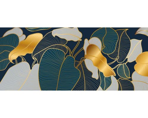 Fototapete abstrakte goldene Blätter mit feiner Linienstruktur auf dunklem Hintergrund.