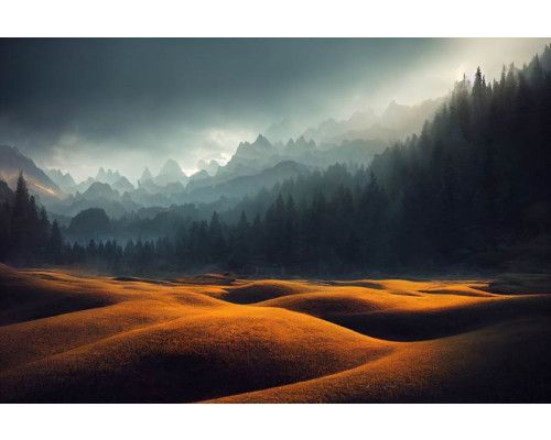 Fototapete einer atemberaubenden Berglandschaft, mit künstlerischen Details eines Waldes und der umliegenden Berge.