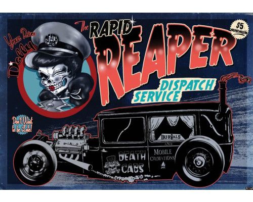 Fototapete eines Oldtimer-Taxis mit Totenköpfen, Rock'n'Roll-Thema für einen coolen und kantigen Raum.