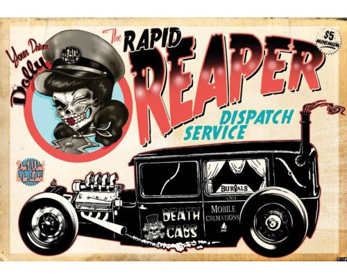 Vintage-Taxi und Totenköpfe, Fototapete mit einem Rock'n'Roll-Thema für eine dunkle und geheimnisvolle Atmosphäre.