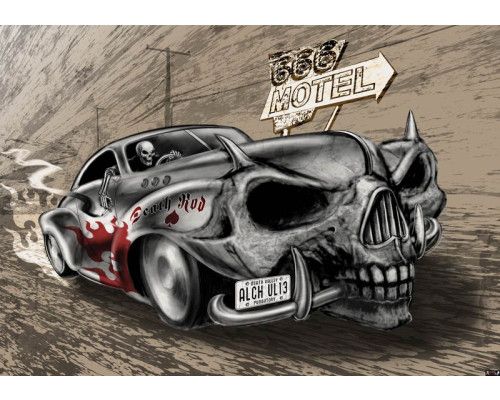 Fototapete eines Death Rod Motels mit Totenköpfen, ideal für Fans von Rock'n'Roll und kantigen Interieurs.
