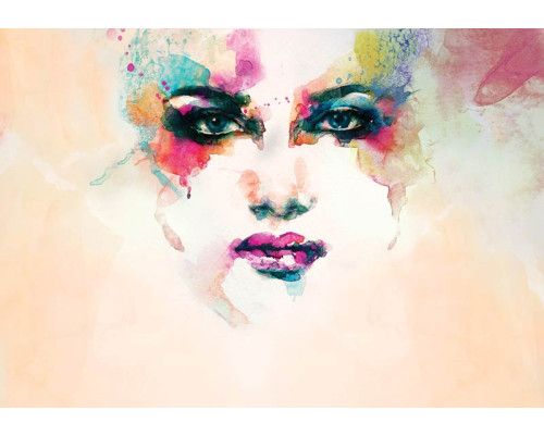 Aquarellgesicht auf einer Fototapete, abstraktes Kunstwerk mit bunter Farbe und Hauptbild.