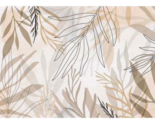 Fototapete mit kunstvollen Blättern in einer kreativen Komposition, in Pastellfarben, perfekt für einen modernen und natürlichen Look.