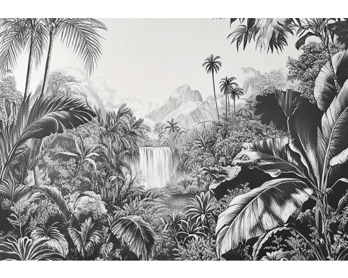 Fotobehang met een artistieke weergave van een weelderige jungle vol tropische planten en bladeren.