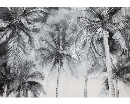 Fotobehang met artistieke palmbomen in zwart-witte illustratiestijl.